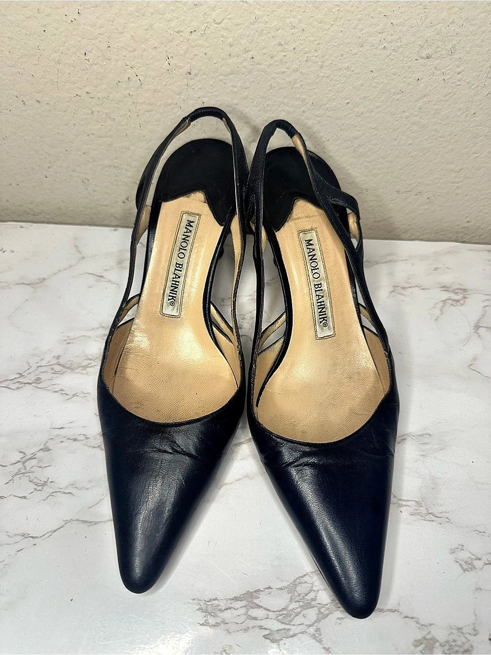 Manolo Blahnik Pointed-Toe Slingback Heels Black & Gold US 6.5